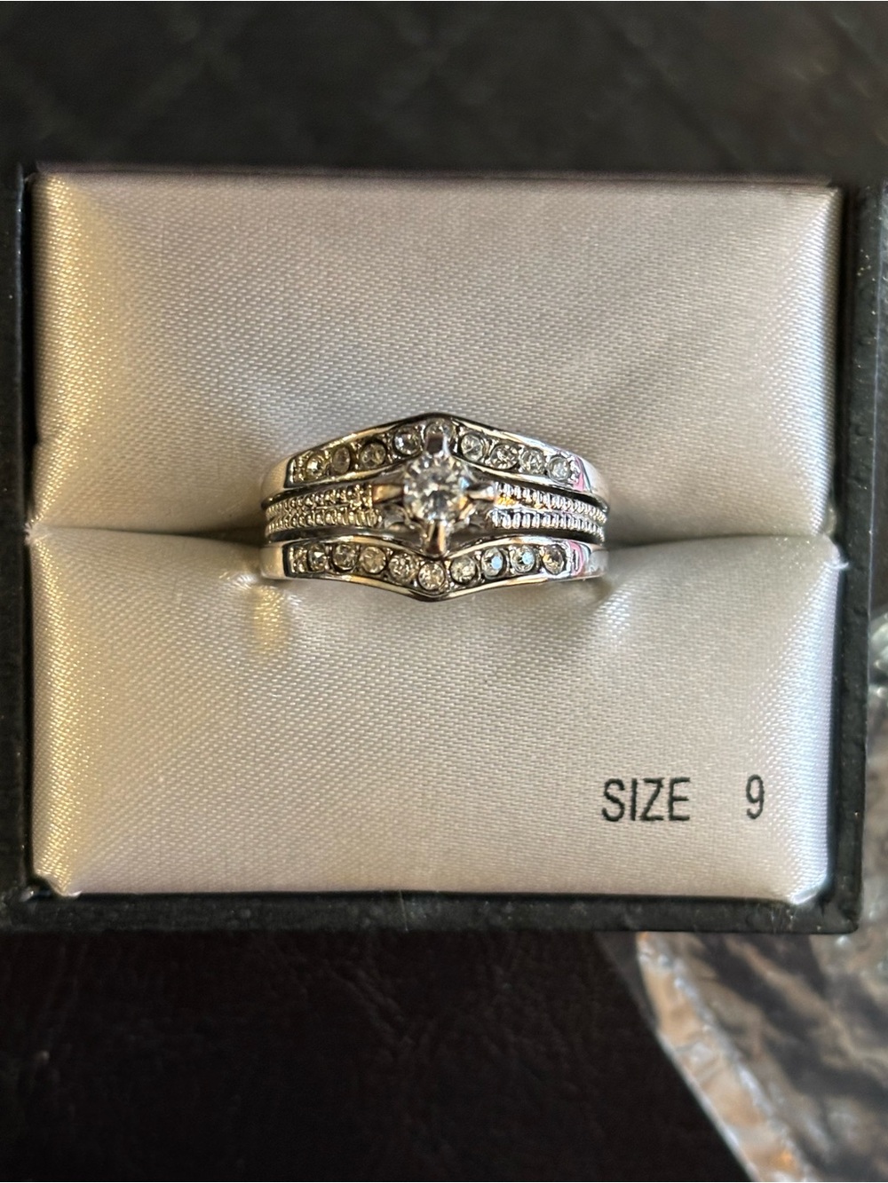 City by City Silver Tone Cubic Zirconia Bridal Set Sz 9 CZ Solitaire w/ CZ Pave’